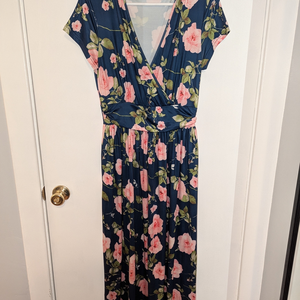 Floral V-Neck Maxi Dress - Blue and Pink